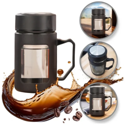Kubek bidon ze szkła na Kawę Herbatę z uchwytem czarny 500 ML CUP18CZ