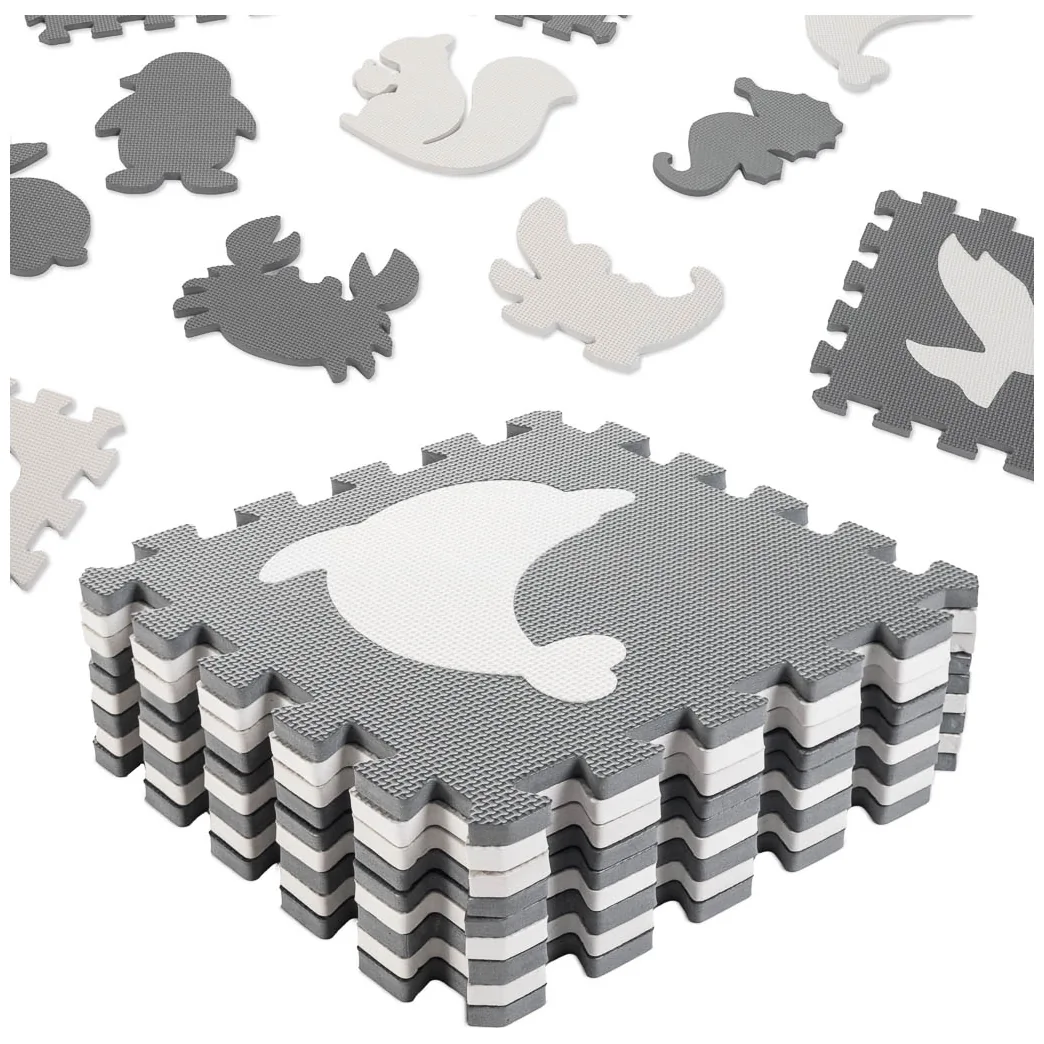 Puzzle piankowe mata edukacyjna szara 9 elementów z wyjmowanymi zwierzątkami - obrazek 9