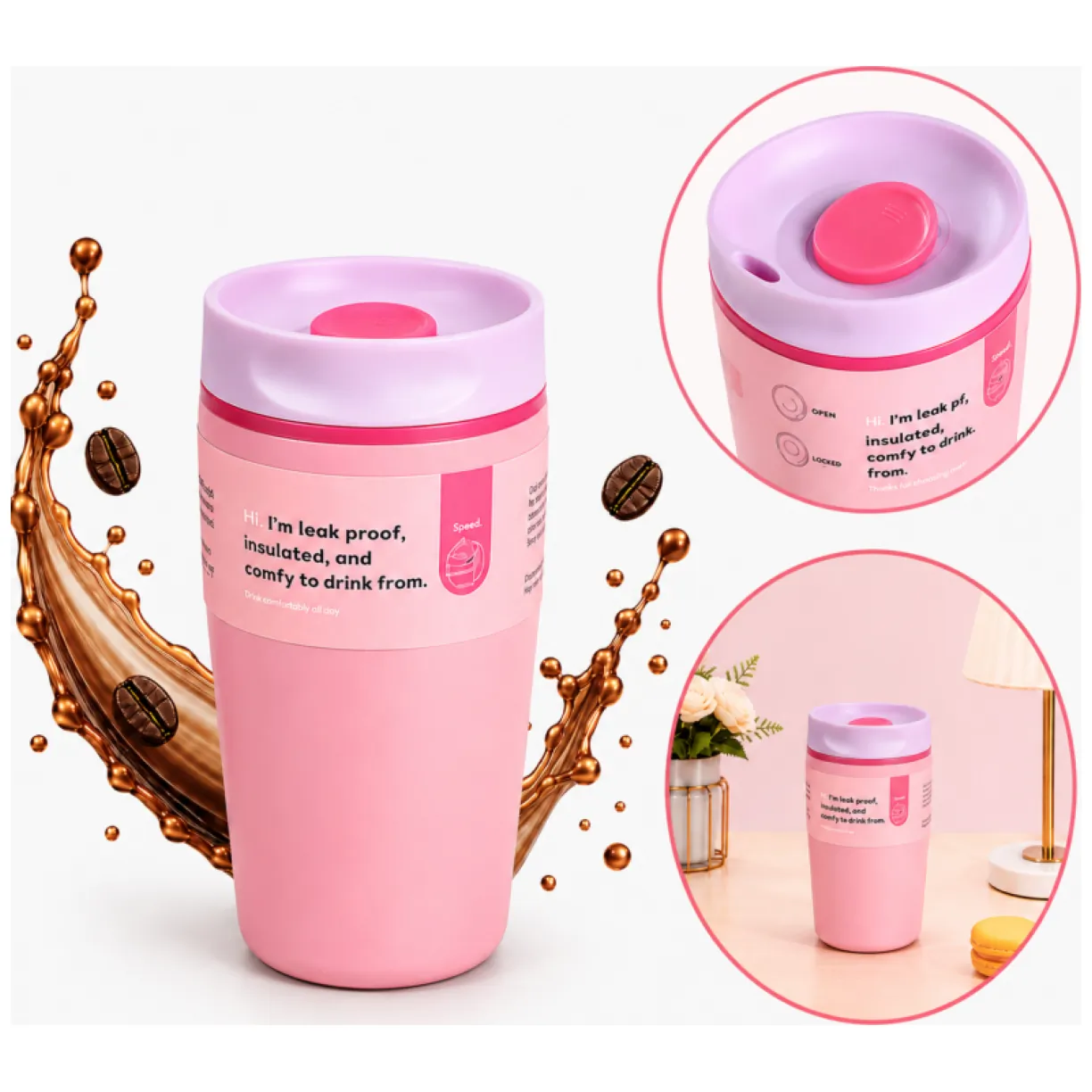 POJEMNY KUBEK TERMICZNY 340 ml TERMOS zamykany, jasnoróżowy CUP32
