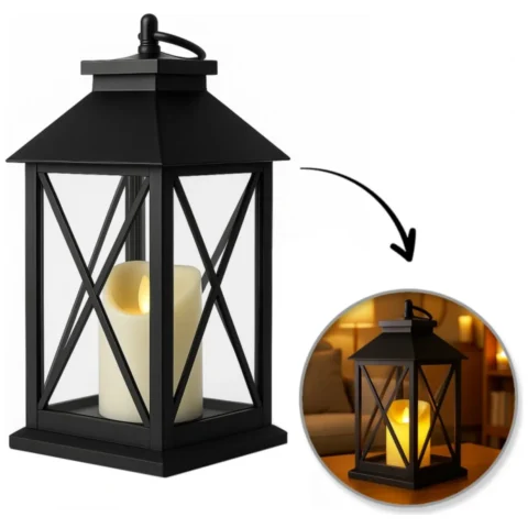 Dekoracyjny lampion LED z realistycznym płomieniem, czarny, 30 cm, ciepłe światło