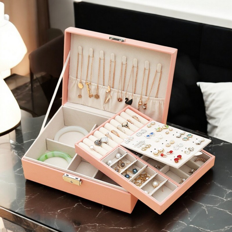 Szkatułka na biżuterię, etui, organizer, pudełko różowa PD155R - obrazek 4