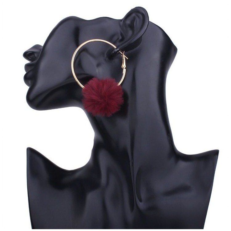 KOLCZYKI KOŁA POMPON CZERWIEŃ WINNA K632W - obrazek 5