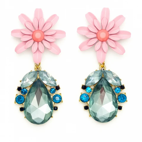 Efektowne kolczyki z kryształami niebieskimi i dużym różowym kwiatem K572