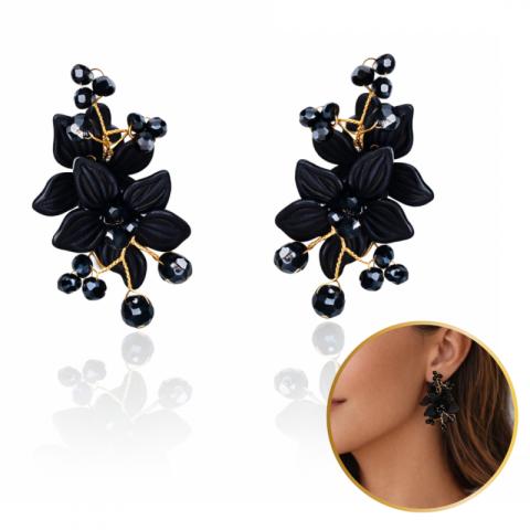 Kolczyki wiszące, efektowne czarne kwiaty, kryształki K1733