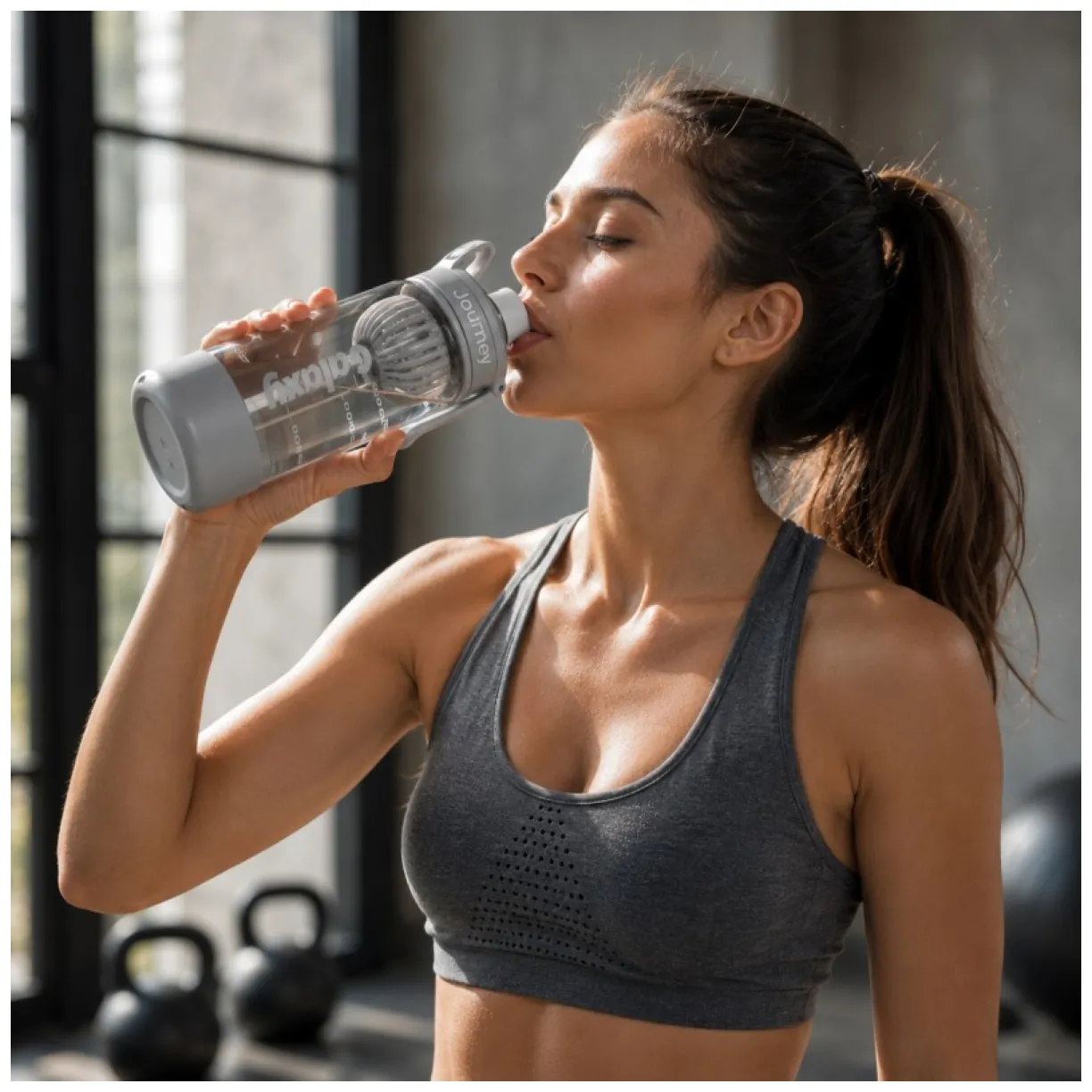 Sportowy bidon na wodę z uchwytem i miarką 800 ml, szary galaxy - obrazek 4