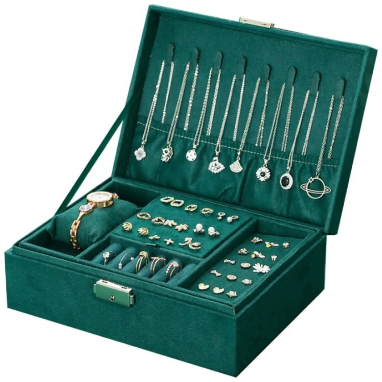 Elegancki kuferek organizer na biżuterię butelkowa zieleń z szufladkami - obrazek 5