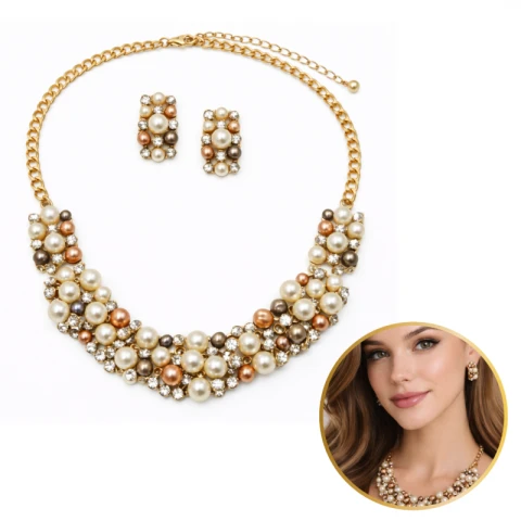 Elegancki Zestaw Biżuterii z Perłami i Kryształami – Naszyjnik + Kolczyki N1070BR