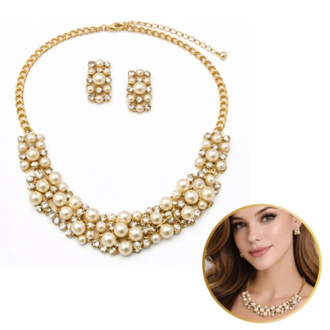 Elegancki Zestaw Biżuterii z Perłami i Kryształami – Naszyjnik + Kolczyki N1070K