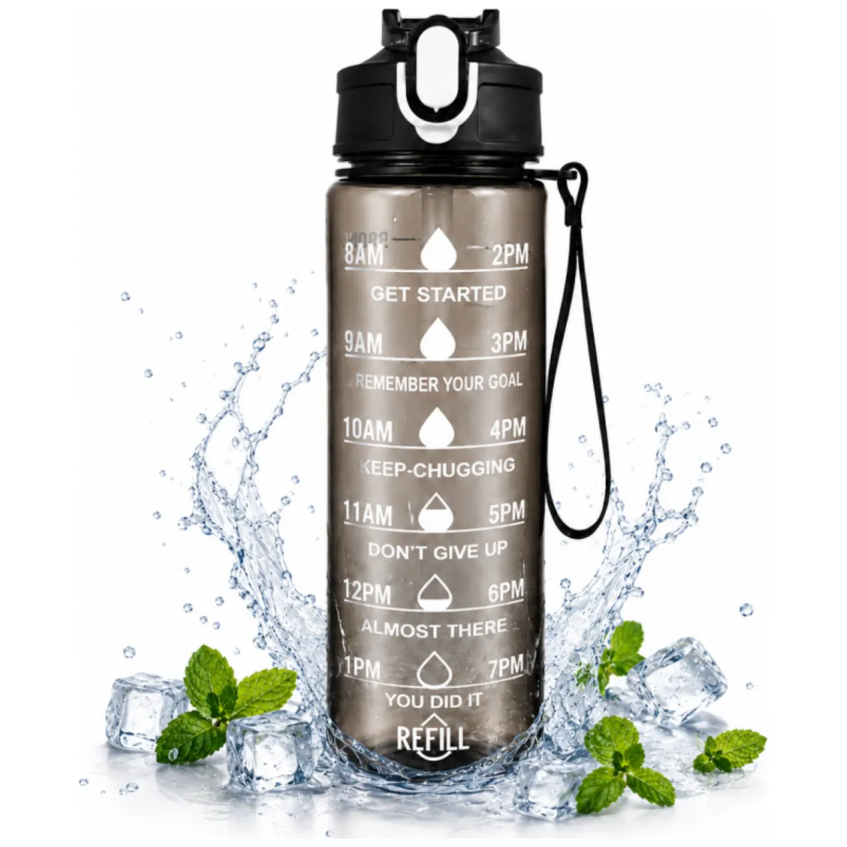 Butelka na wodę, sportowy bidon z miarką i hasłami motywacyjnymi 750ML czarna BD60