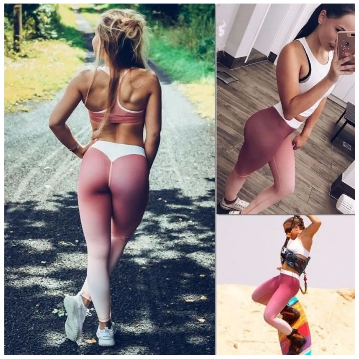 Sportowe Legginsy Fitness Trening Różowo Białe L LEG12L - obrazek 5