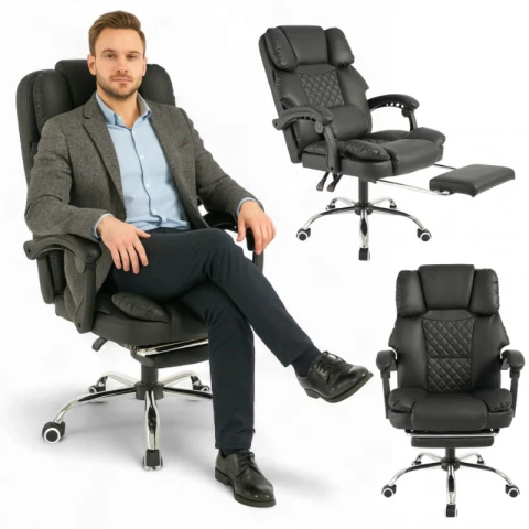 Fotel biurowy obrotowy MASTER PRESTIGE, podnóżek i masażer- ecoskóra czarny KO42CZ