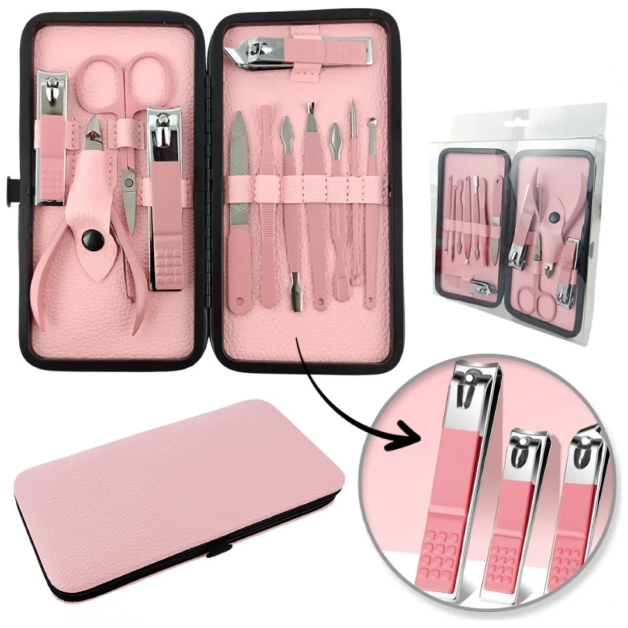 Zestaw akcesoriów do manicure, pedicure w etui różowe 12w1 AK20