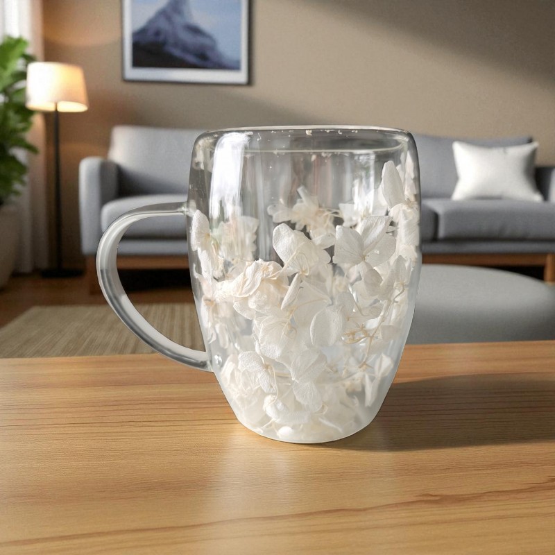 Szklanka termiczna z białymi kwiatami w środku, hortensje 300ml 1szt - SZK185 - obrazek 2