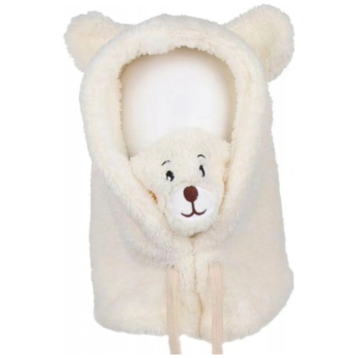 Czapka zimowa pluszowa z uszami misia + komin, 2 w 1 - kremowa CZ34WZ2