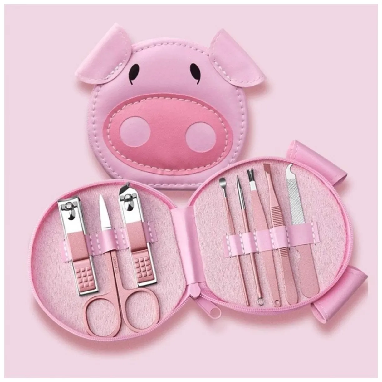 Zestaw akcesoriów do manicure w etui różowa świnka 7w1 AK07 - obrazek 3
