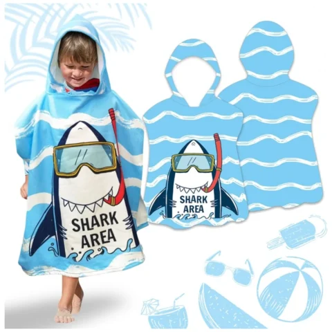 Ręcznik kąpielowy plażowy, na basen peleryna dziecięca SHARK AREA 60 x 60cm