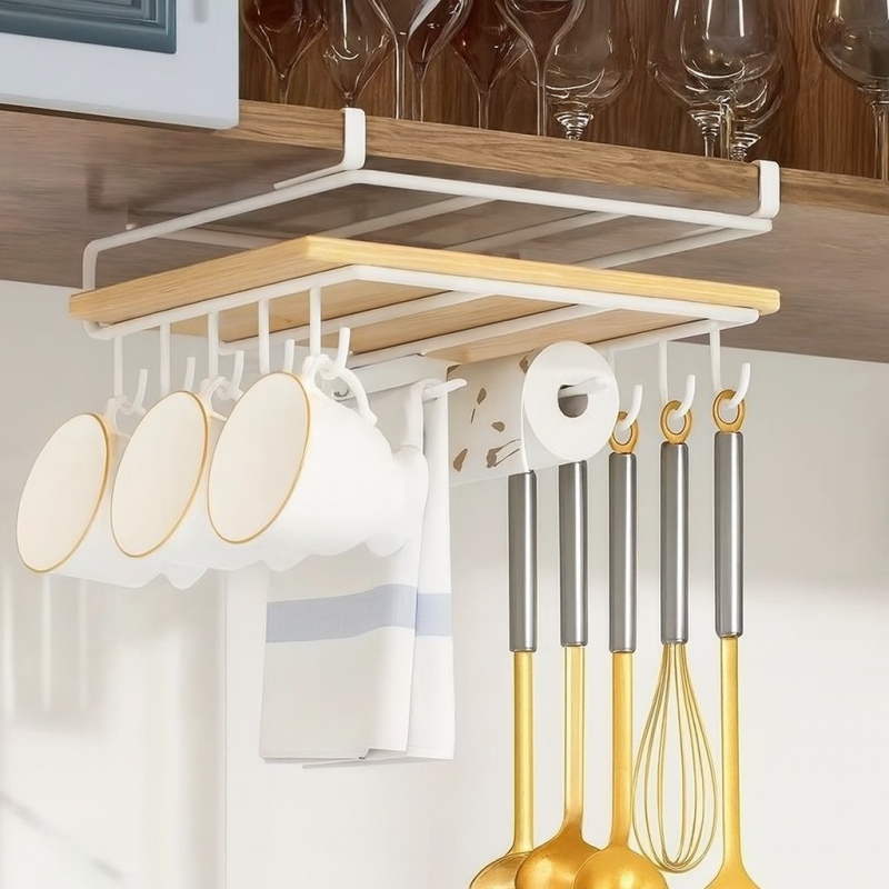 Półka, uchwyt podwieszany do szafki, organizer kuchenny z haczykami, biały OR116B - obrazek 3