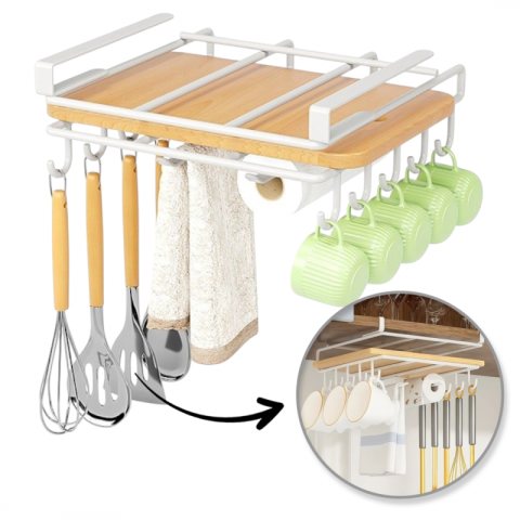 Półka, uchwyt podwieszany do szafki, organizer kuchenny z haczykami, biały OR116B