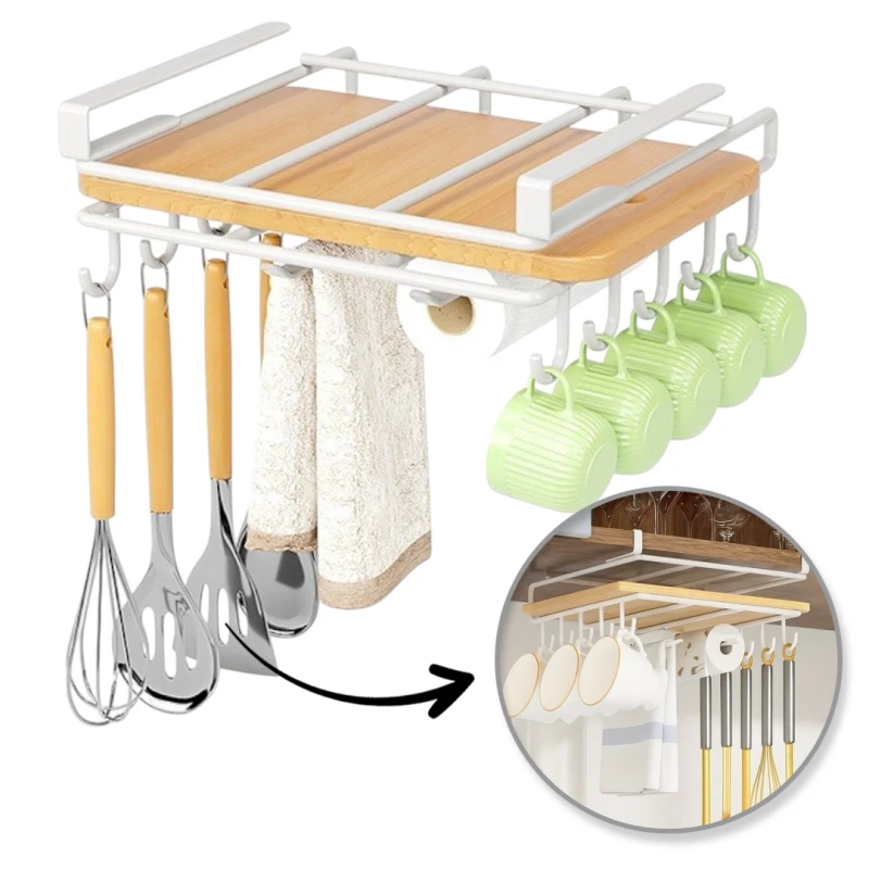Półka, uchwyt podwieszany do szafki, organizer kuchenny z haczykami, biały OR116B