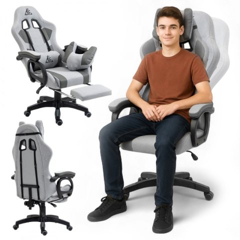 Fotel gamingowy obrotowy STUDENT, podnóżek i poduszka masująca, szary KO23SZ
