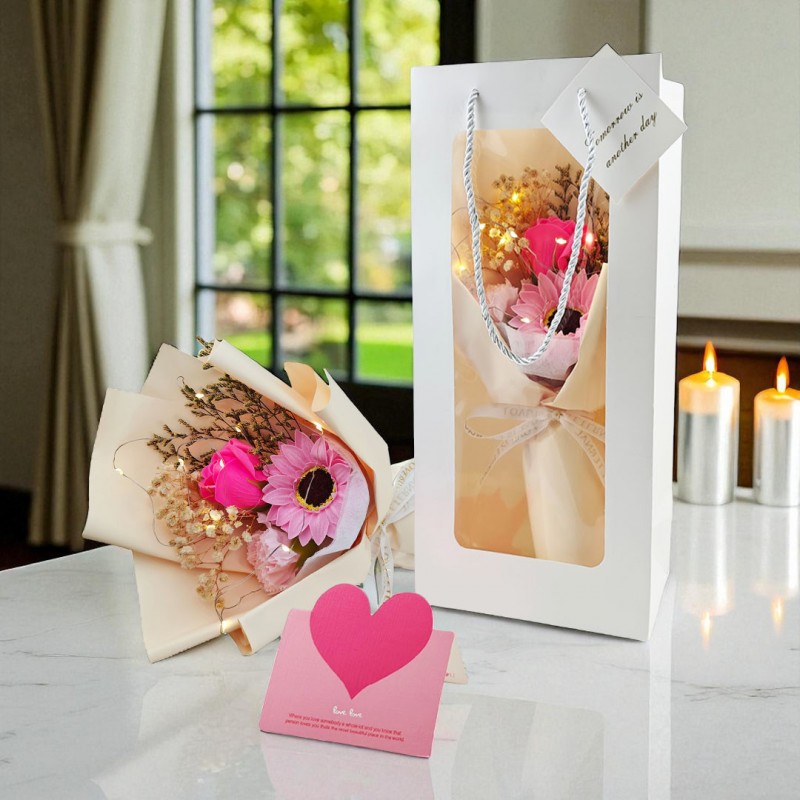 Bukiet zapachowych kwiatów mydlanych w pudełku na prezent, świecące LED BUK17R - obrazek 2