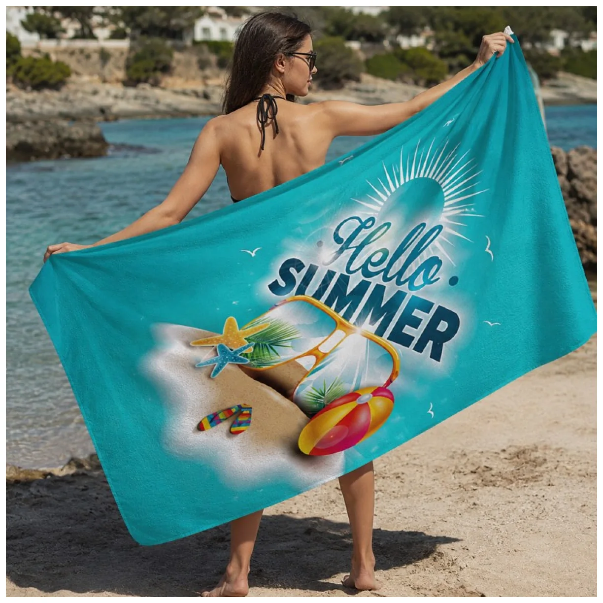 Ręcznik plażowy, na basen turkusowy HELLO SUMMER 150x70 - obrazek 2