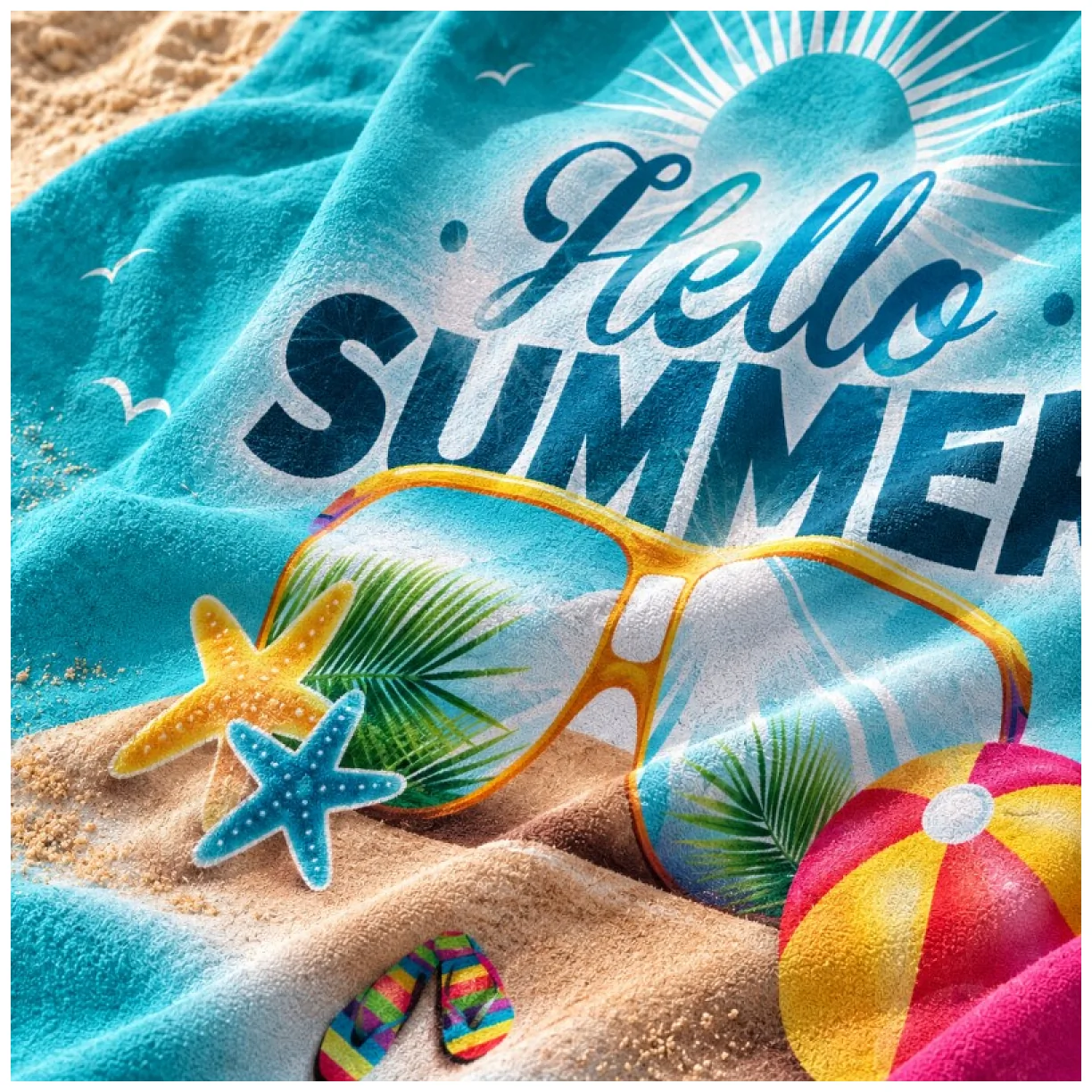Ręcznik plażowy, na basen turkusowy HELLO SUMMER 150x70 - obrazek 3