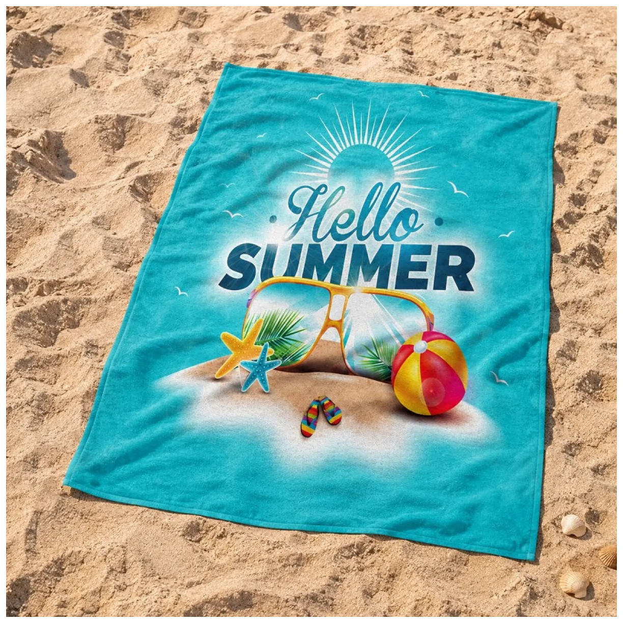Ręcznik plażowy, na basen turkusowy HELLO SUMMER 150x70 - obrazek 4