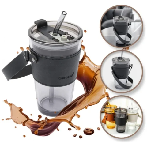 Kubek z kolorowego szkła na Kawę Herbatę ze słomką i zamknięciem 450 ML CUP09GRAF