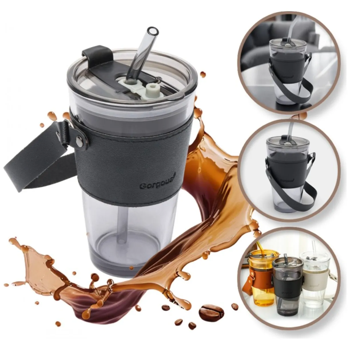 Kubek z kolorowego szkła na Kawę Herbatę ze słomką i zamknięciem 450 ML CUP09GRAF