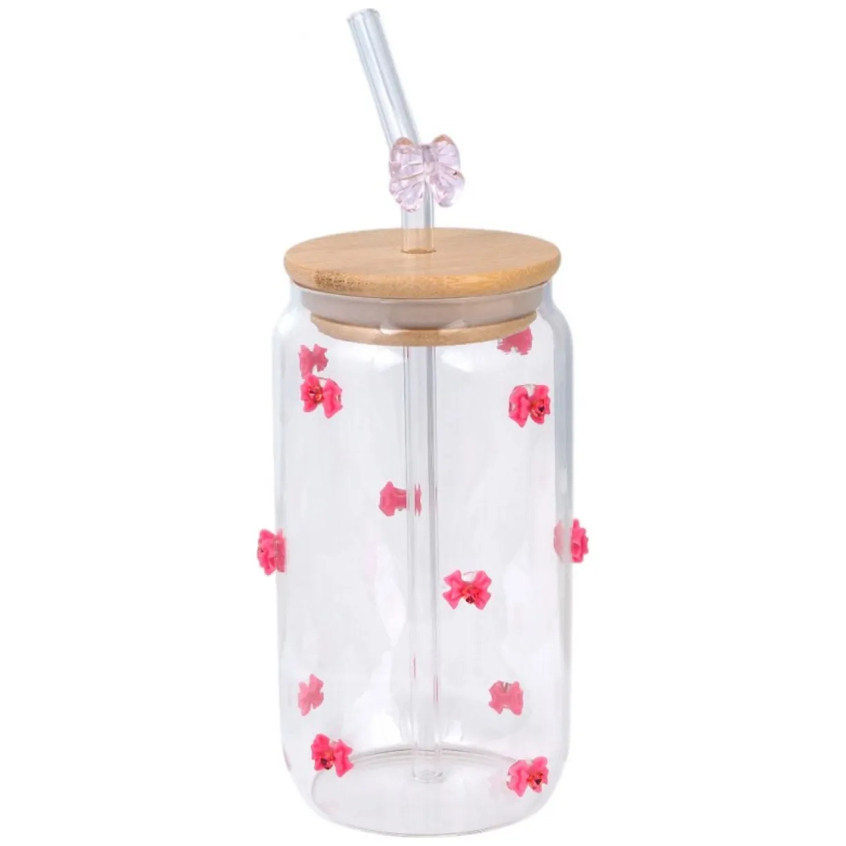Szklanka, różowe kokardki z cyrkoniami - z rurką i bambusową pokrywką 460 ml - SZK135 - obrazek 2