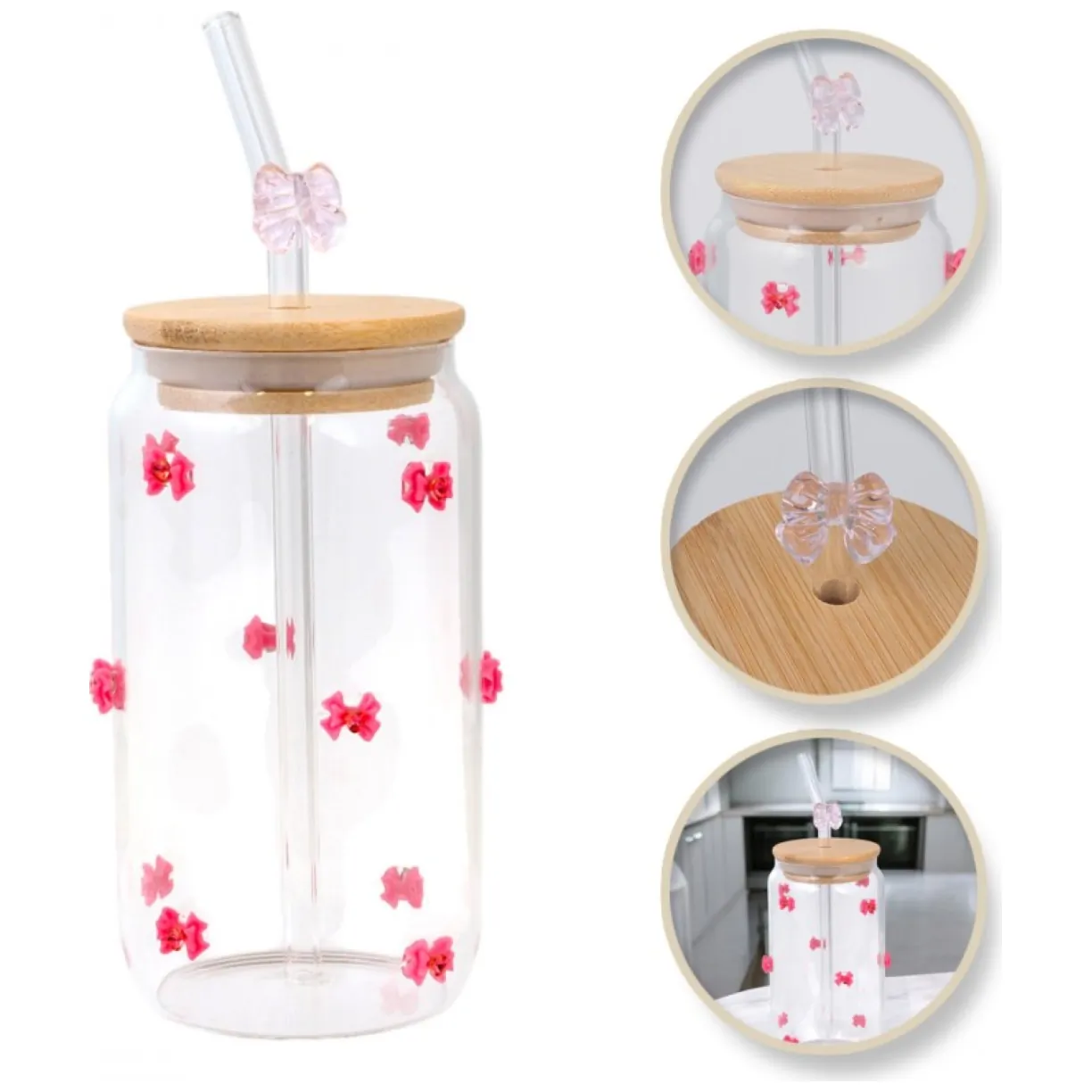 Szklanka, różowe kokardki z cyrkoniami - z rurką i bambusową pokrywką 460 ml - SZK135