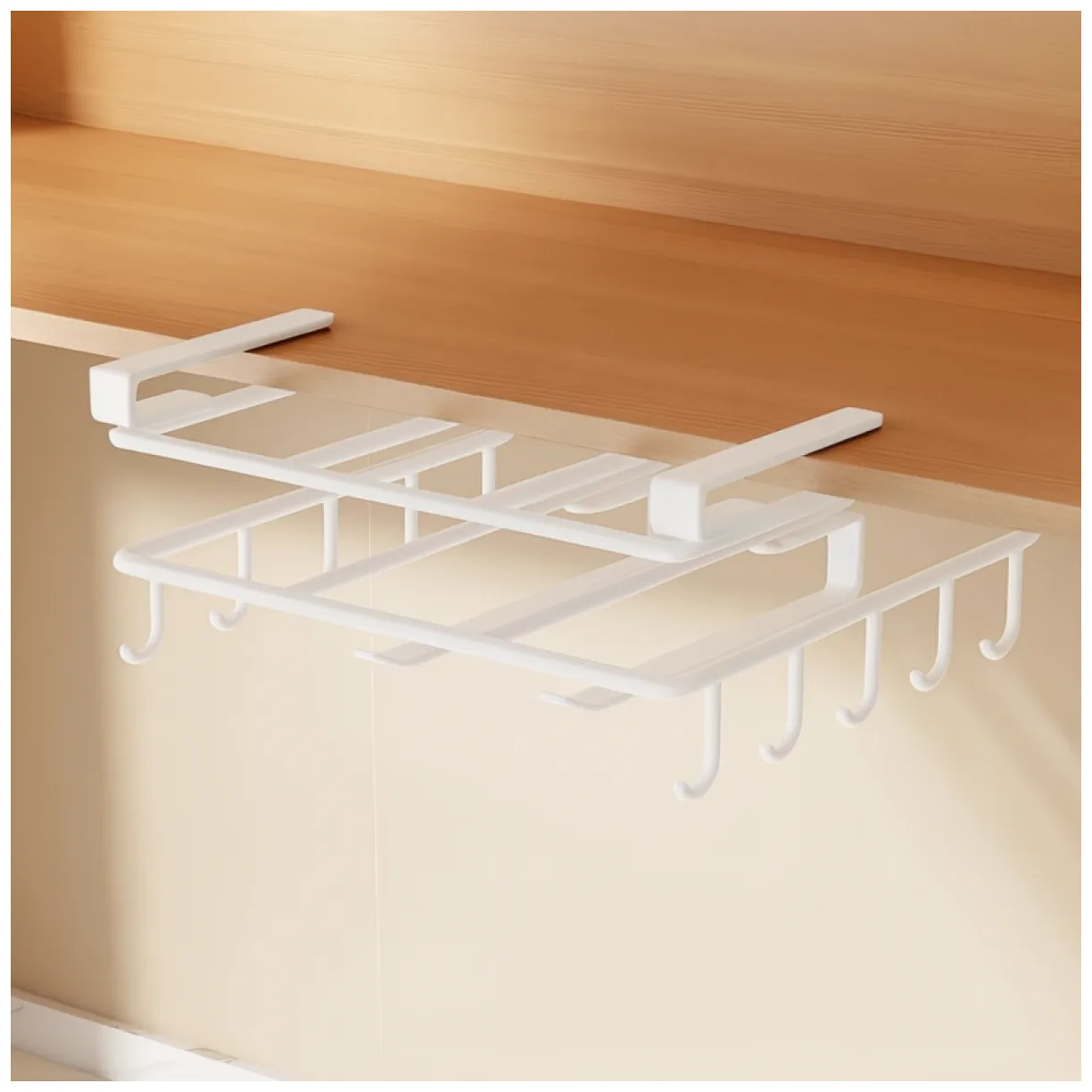 Biały metalowy organizer podwieszany pod szafkę z haczykami 25x25 cm - obrazek 2