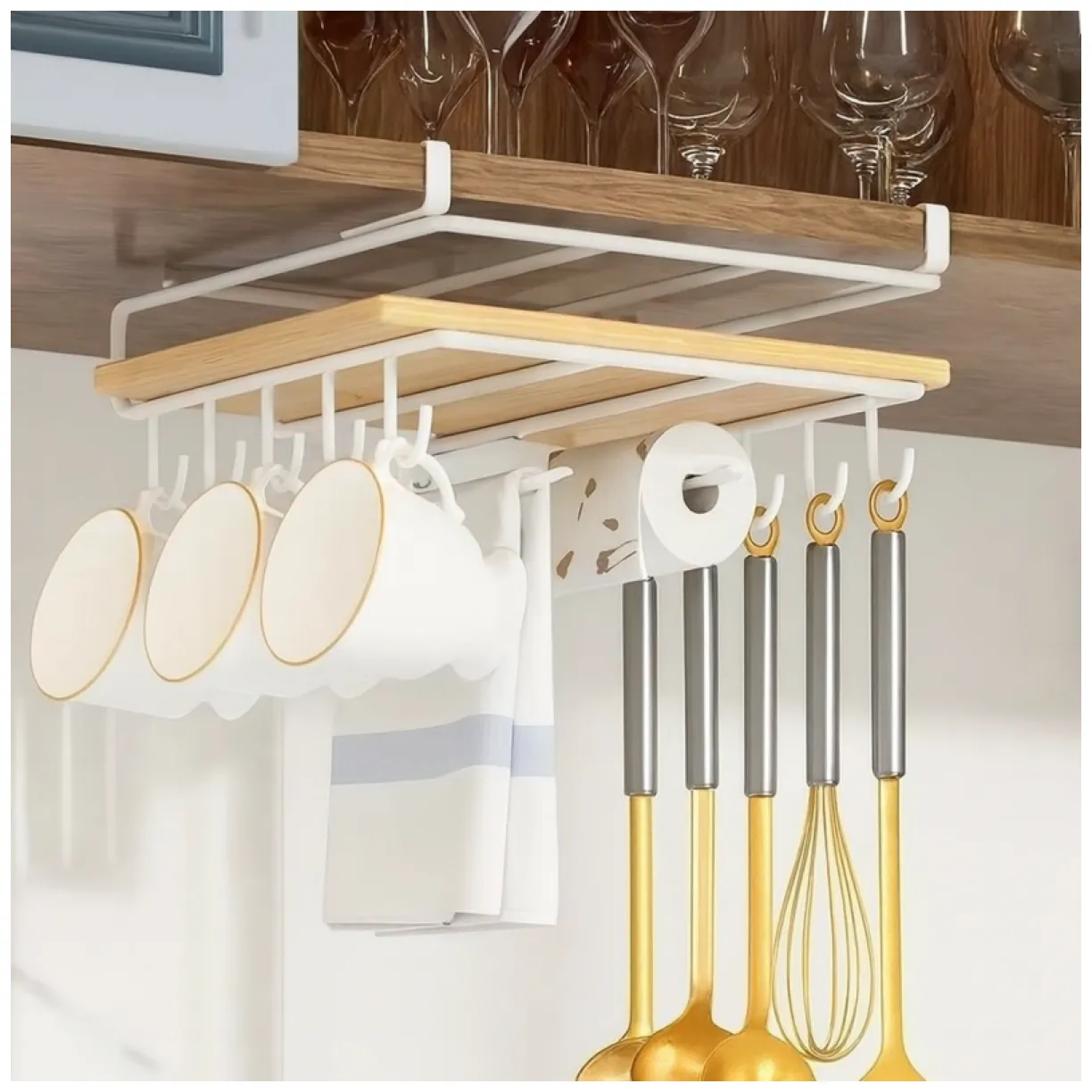 Biały metalowy organizer podwieszany pod szafkę z haczykami 25x25 cm - obrazek 3