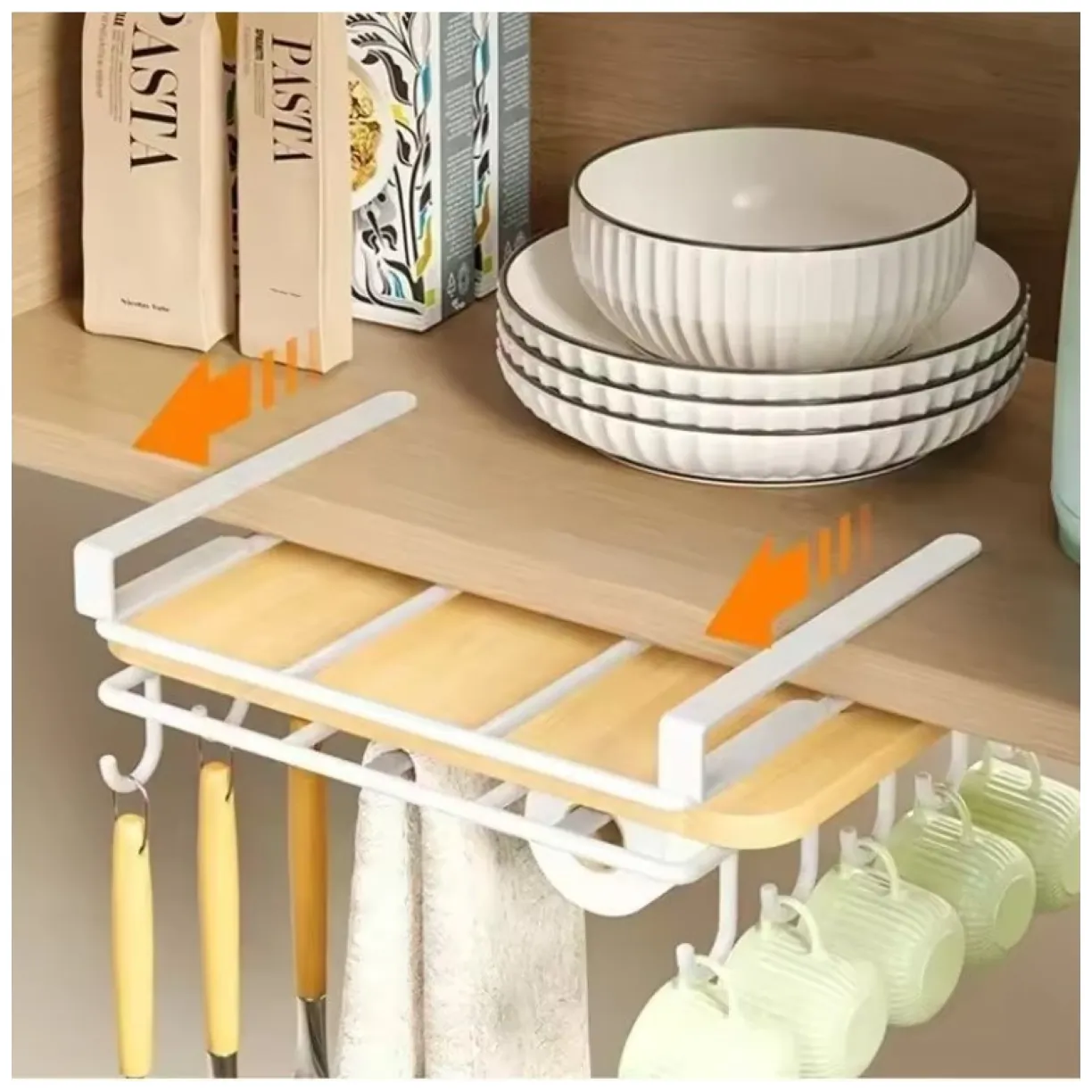 Biały metalowy organizer podwieszany pod szafkę z haczykami 25x25 cm - obrazek 6