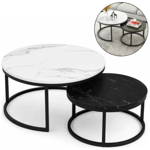 Zestaw okrągłych stolików kawowych 2w1 biało czarny marmur 60 i 80 cm STL14BCZ