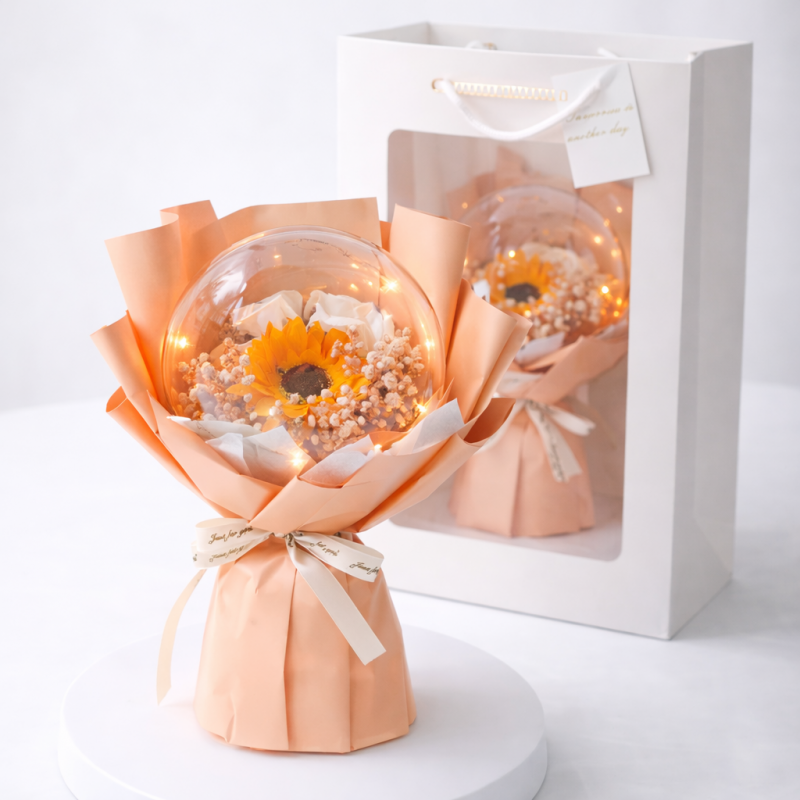 Bukiet zapachowych kwiatów mydlanych w torebce na prezent, kula, świecące LED - BUK14ZO - obrazek 3