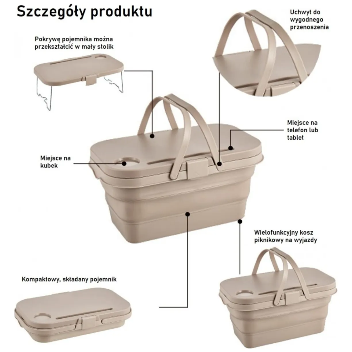 Uniwersalny składany kosz piknikowy 3w1, stolik, pojemnik KP03SZ - obrazek 5