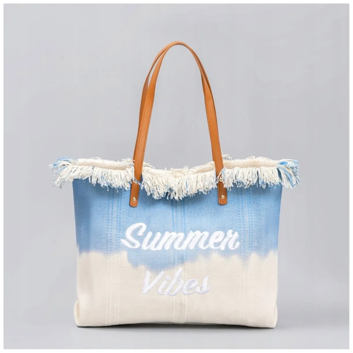 Torba plażowa boho niebieska ombre z frędzlami duża pojemna z poliestru - obrazek 4