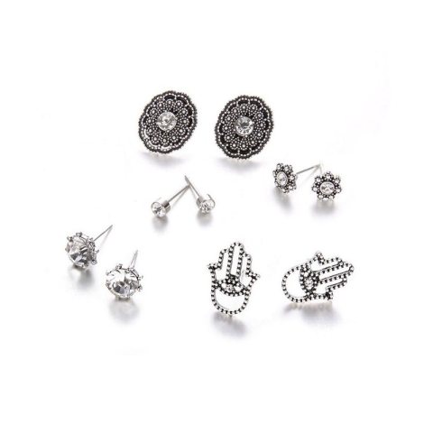 ZESTAW 5 PAR KOLCZYKÓW BOHO KRYSZTAŁKI HAMSA SREBRNE K893