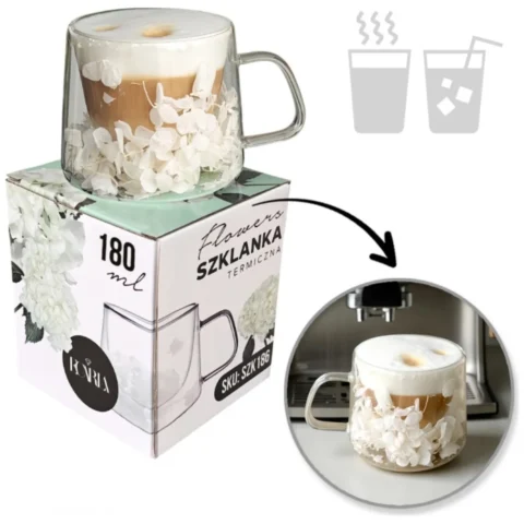 Szklanka termiczna z białymi kwiatami w środku, hortensje 180 ml 1szt - SZK186