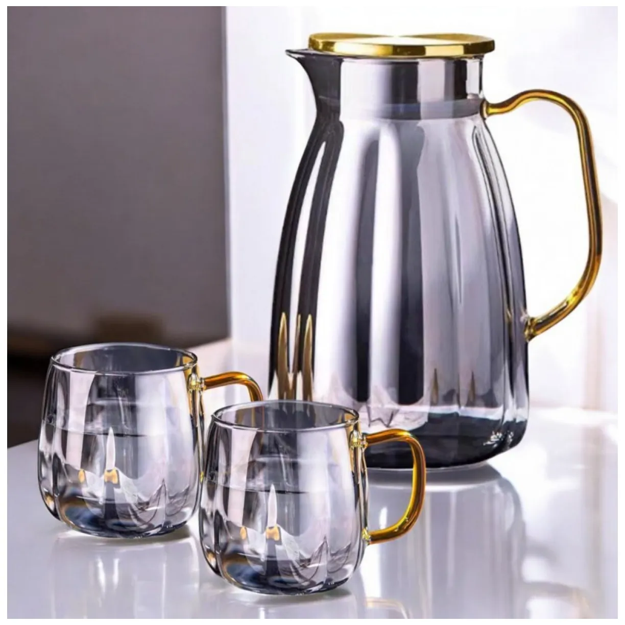 Zestaw- dzbanek 1600ml z falowanymi ściankami z pokrywką + 2 szklanki 350ml- DZ07 - obrazek 3