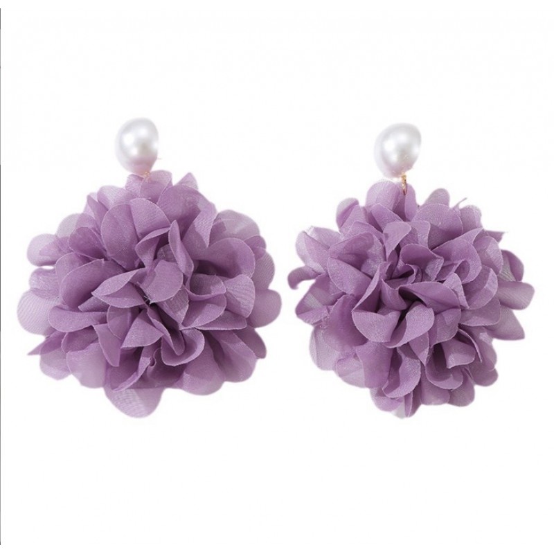 Kolczyki wiszące, efektowne tiulowe kwiat z perła, sztyft fiolet K1709 - obrazek 2