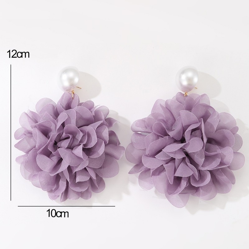 Kolczyki wiszące, efektowne tiulowe kwiat z perła, sztyft fiolet K1709 - obrazek 5