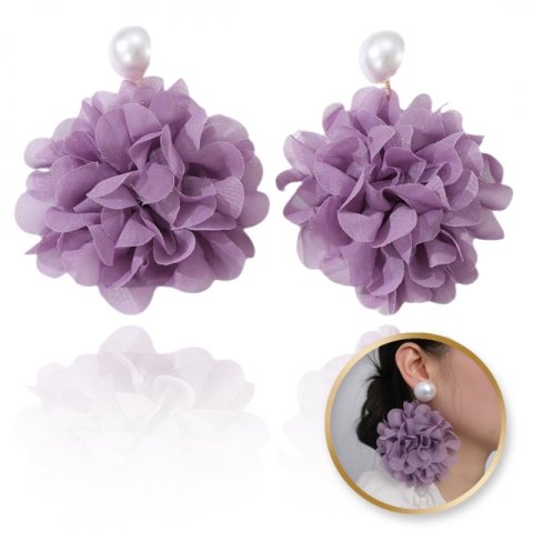 Kolczyki wiszące, efektowne tiulowe kwiat z perła, sztyft fiolet K1709