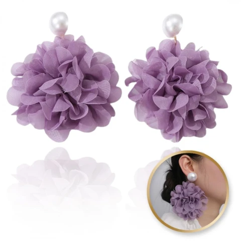 Kolczyki wiszące, efektowne tiulowe kwiat z perła, sztyft fiolet K1709