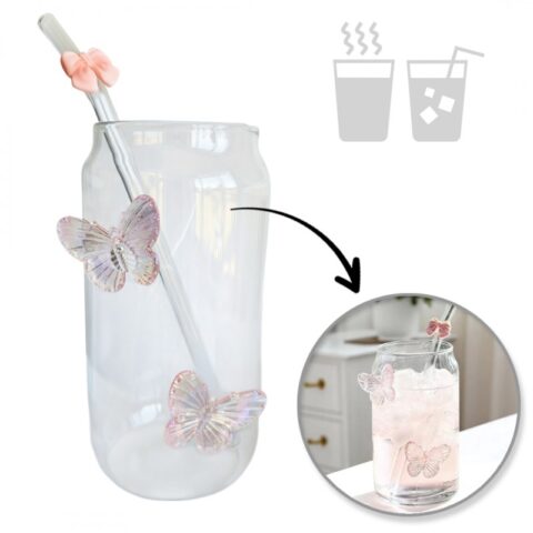 Szklanka wysoka ze słomką, MOTYLKI róż 500 ml, 1 szt- SZK163