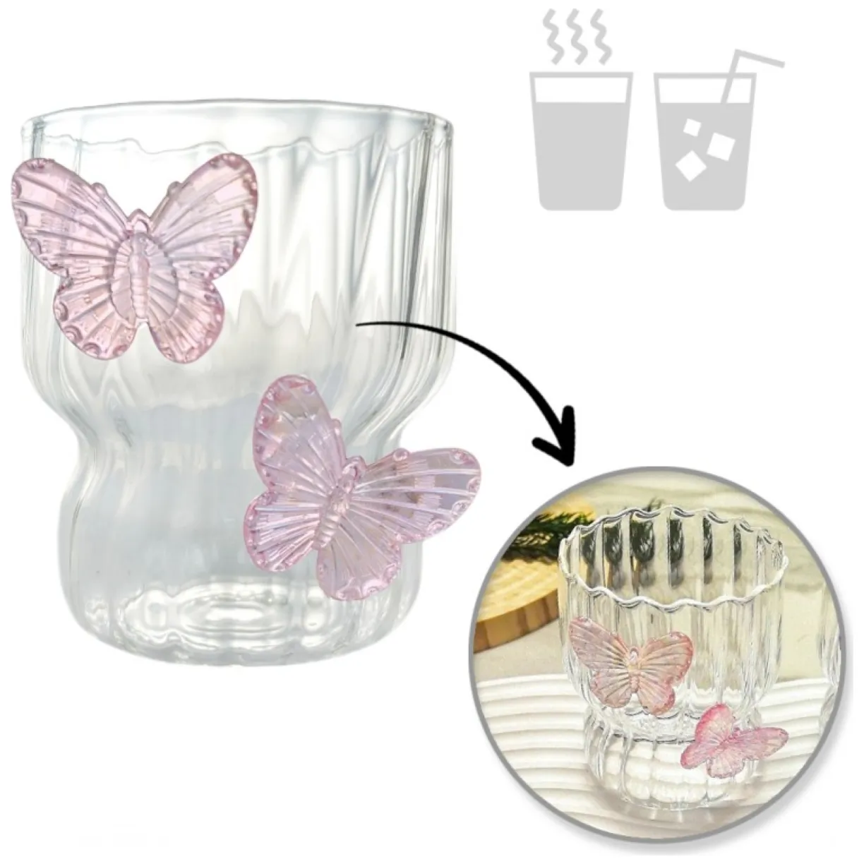 Szklanka ryflowana, z falowanymi ściankami, MOTYLKI róż 260 ml 1szt SZK161