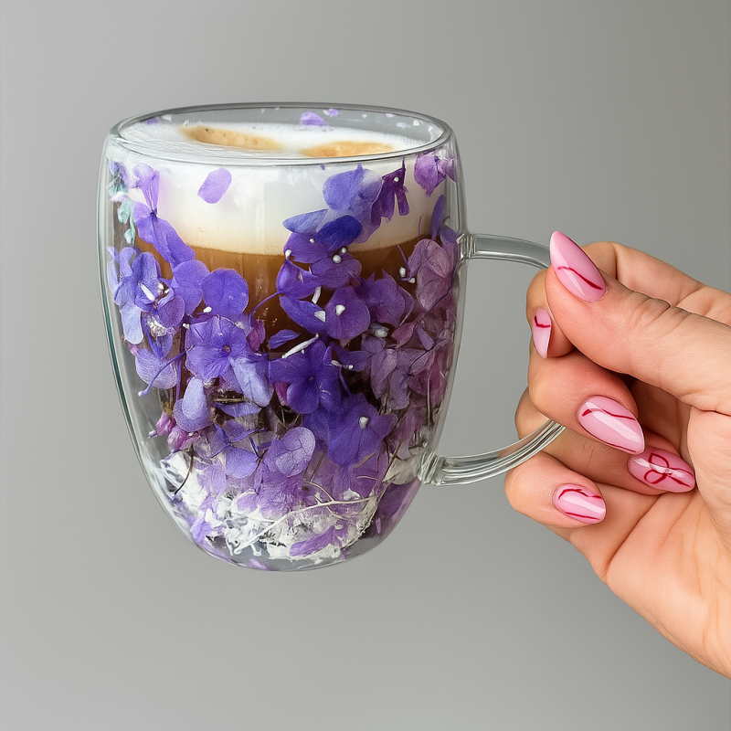 Szklanka termiczna z kwiatami w środku, gipsówka hortensje 300 ml 1szt SZK166 - obrazek 3
