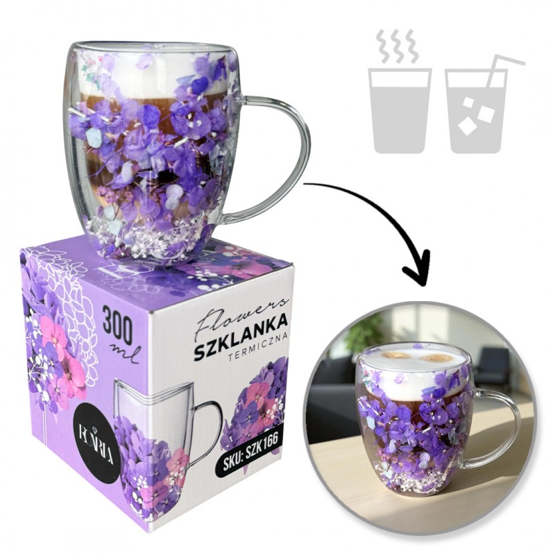 Szklanka termiczna z kwiatami w środku, gipsówka hortensje 300 ml 1szt SZK166